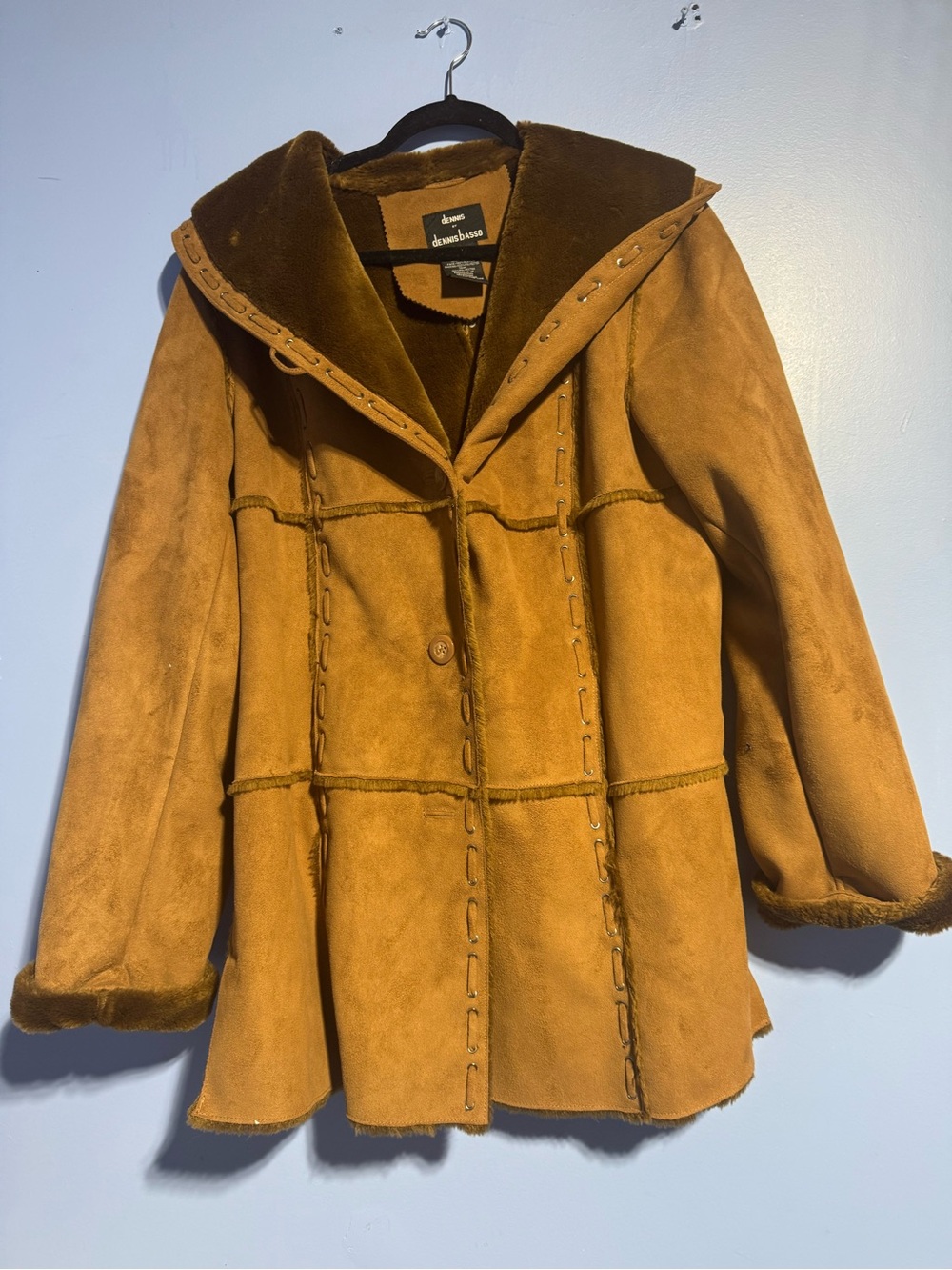 Vintage Dennis Basso Brown Faux Suede Shearling Hooded Coat Jacket L